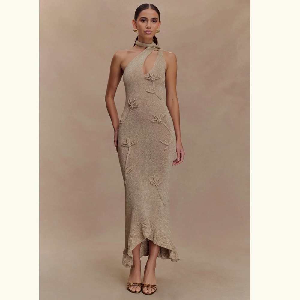 Meshki Gold Floral Maxi Elegant Tan Dress